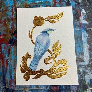 Original Jay bird painting wall nature nouveau decor realism gold art Artettina
